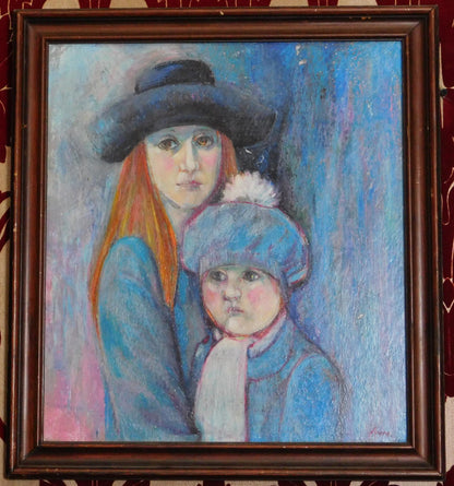 Pastel Portrait – Mother & Child – Framed Mid-Century