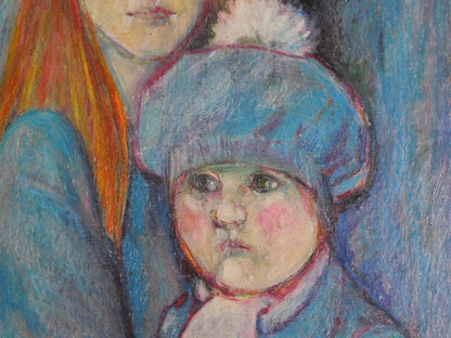 Pastel Portrait – Mother & Child – Framed Mid-Century