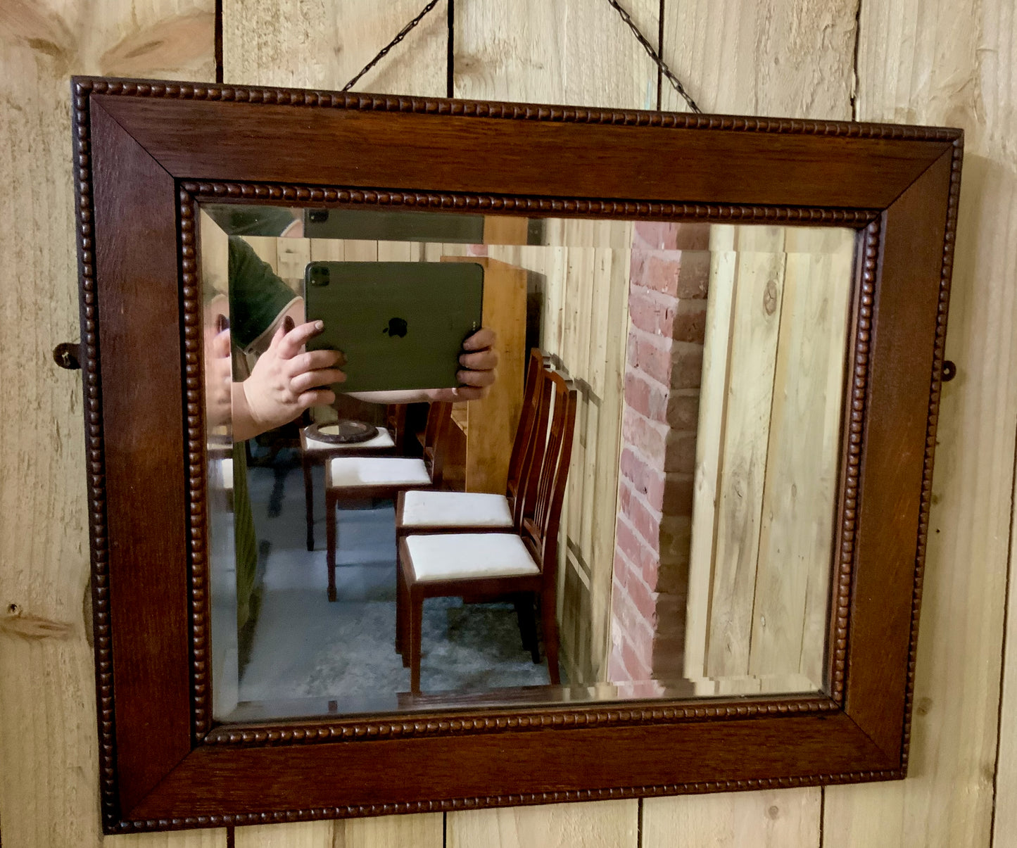 Edwardian Oak Framed Wall Mirror with Bevelled Glass