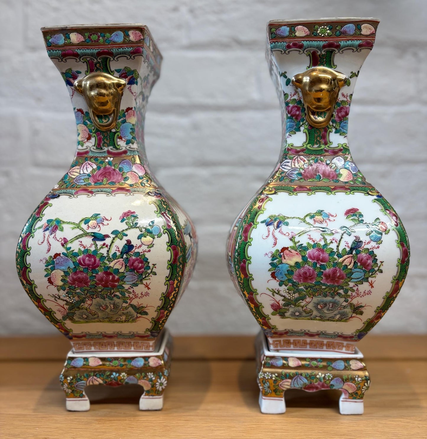 Pair of Late 20th‑Century Chinese Famille Rose Vases on Porcelain Stands