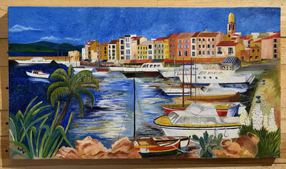 Large Oil on Canvas - Mediterranean Marina Scene - Vintage