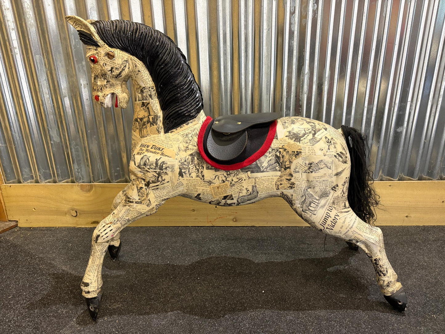 Decoupage Papier-Mâché Horse – Vintage Comic Print Finish – Statement Decorative Sculpture