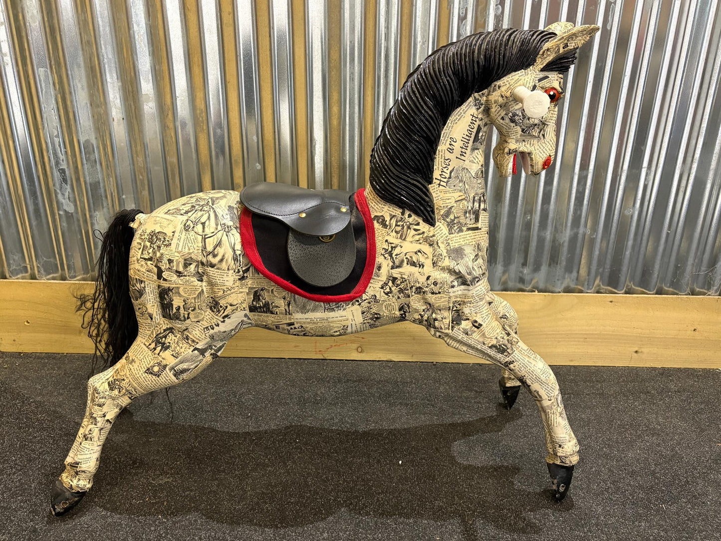 Decoupage Papier-Mâché Horse – Vintage Comic Print Finish – Statement Decorative Sculpture