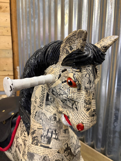 Decoupage Papier-Mâché Horse – Vintage Comic Print Finish – Statement Decorative Sculpture