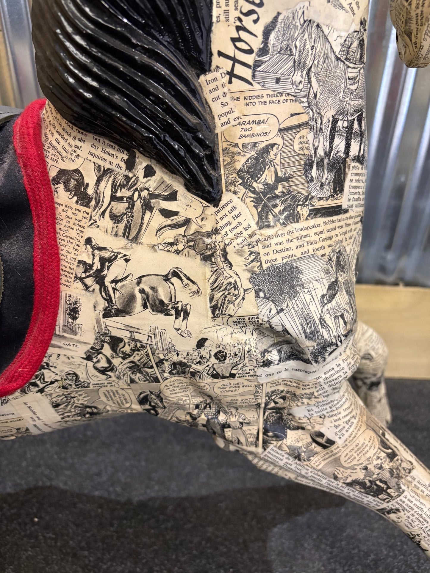 Decoupage Papier-Mâché Horse – Vintage Comic Print Finish – Statement Decorative Sculpture