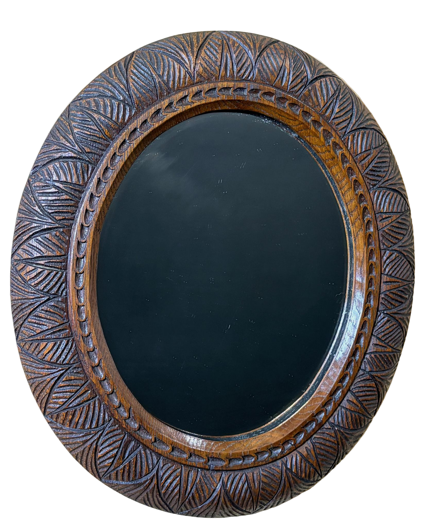 Arts & Crafts Hand‑Carved Oak Oval Mirror