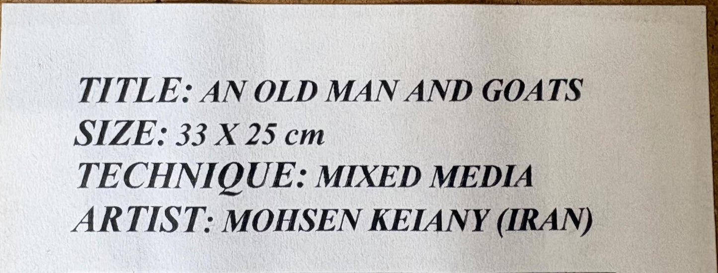 Mohsen Keiany (Kiani), “Old Man and Goats” – Early Mixed‑Media on Paper, Signed, Framed