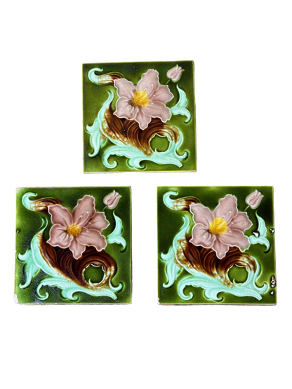 Set of 3 Art Nouveau Relief-Moulded Fireplace Tiles – Pink Clematis on  c.1900