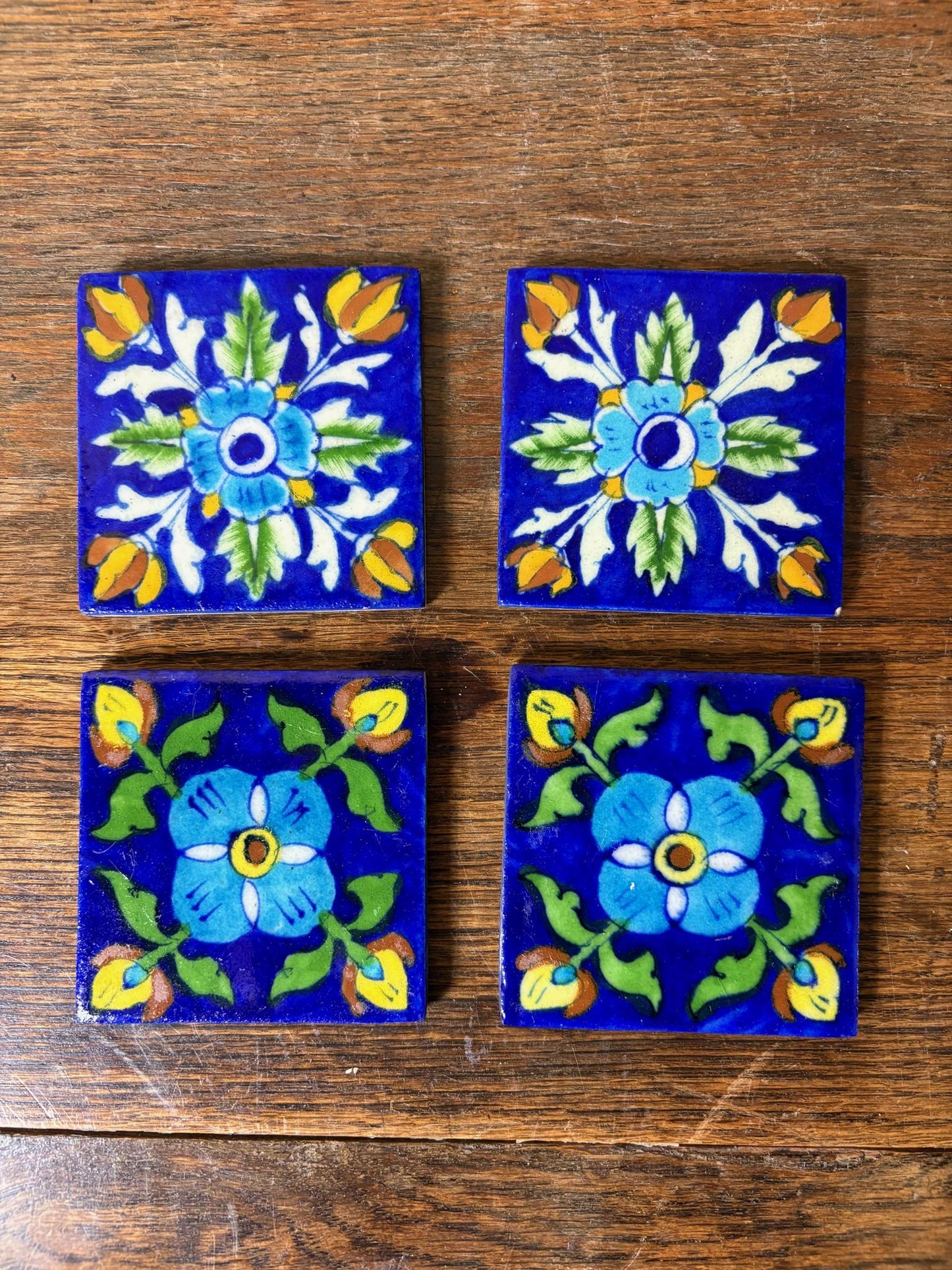 Set of 4 Hand‑Painted Persian/Jaipur‑Style Floral Tiles on Cobalt Blue, 7.5 cm
