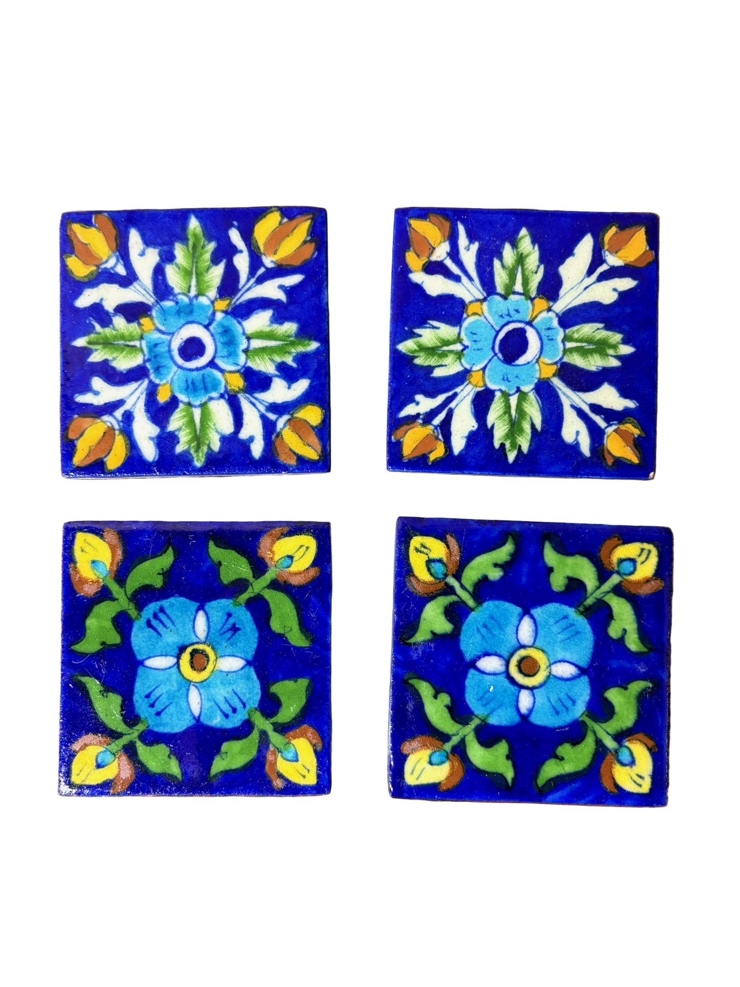 Set of 4 Hand‑Painted Persian/Jaipur‑Style Floral Tiles on Cobalt Blue, 7.5 cm