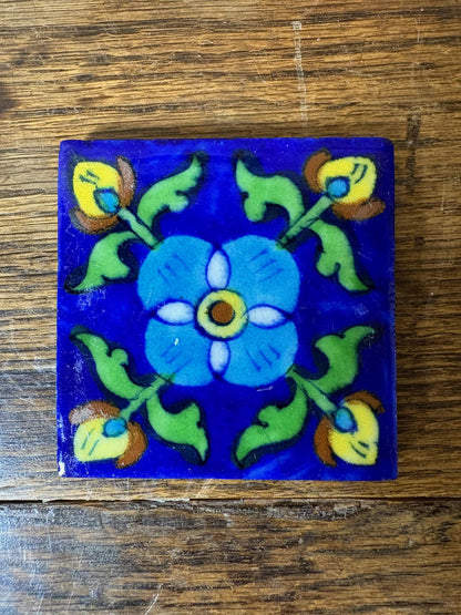 Set of 4 Hand‑Painted Persian/Jaipur‑Style Floral Tiles on Cobalt Blue, 7.5 cm