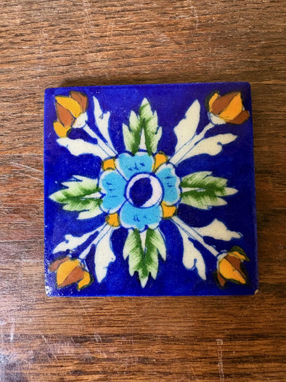 Set of 4 Hand‑Painted Persian/Jaipur‑Style Floral Tiles on Cobalt Blue, 7.5 cm