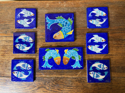 Set of 8 Hand‑Painted Jaipur Blue Pottery “Fish” Tiles, Cobalt Ground