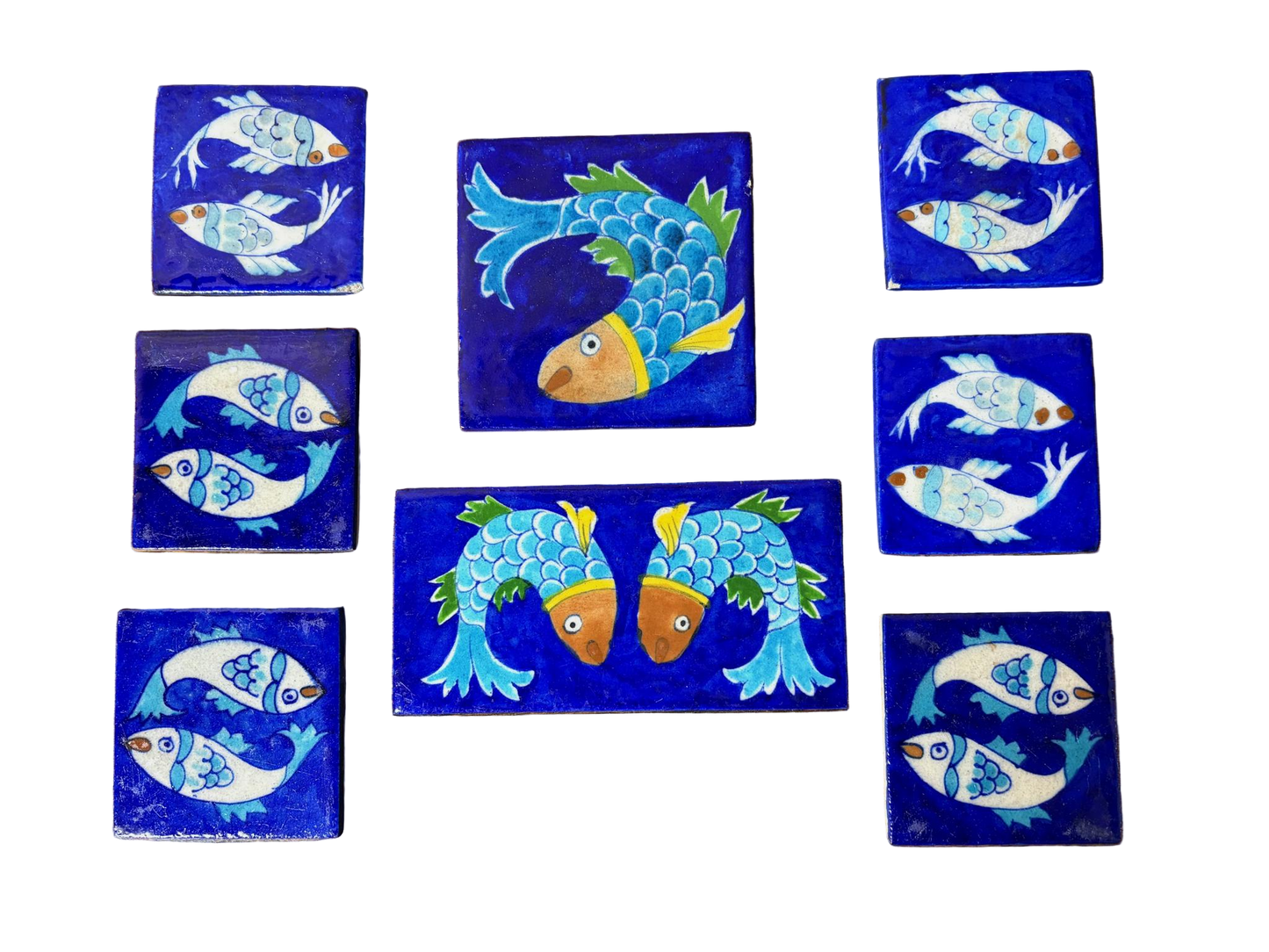 Set of 8 Hand‑Painted Jaipur Blue Pottery “Fish” Tiles, Cobalt Ground