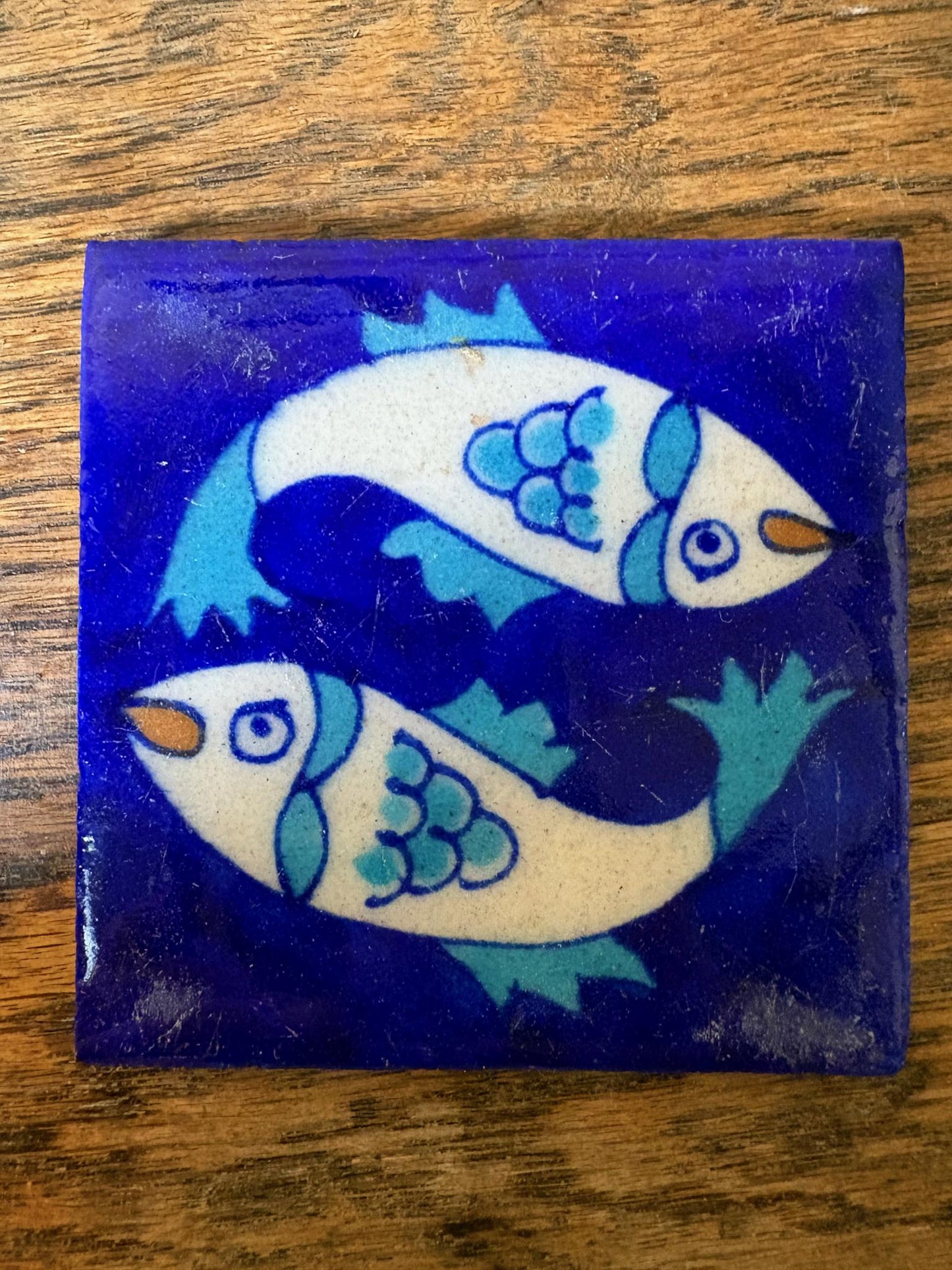 Set of 8 Hand‑Painted Jaipur Blue Pottery “Fish” Tiles, Cobalt Ground