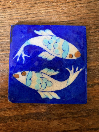 Set of 8 Hand‑Painted Jaipur Blue Pottery “Fish” Tiles, Cobalt Ground