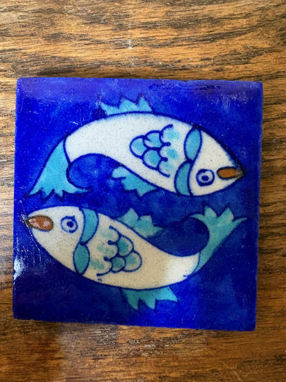 Set of 8 Hand‑Painted Jaipur Blue Pottery “Fish” Tiles, Cobalt Ground