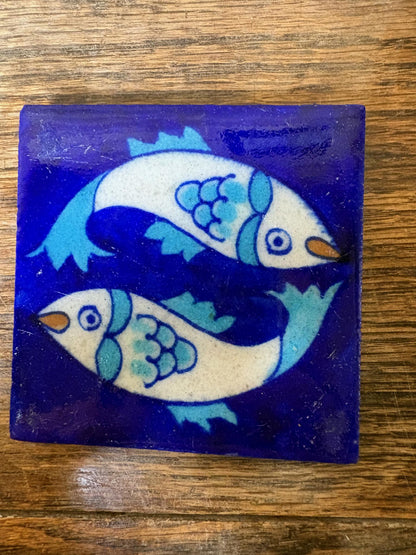 Set of 8 Hand‑Painted Jaipur Blue Pottery “Fish” Tiles, Cobalt Ground