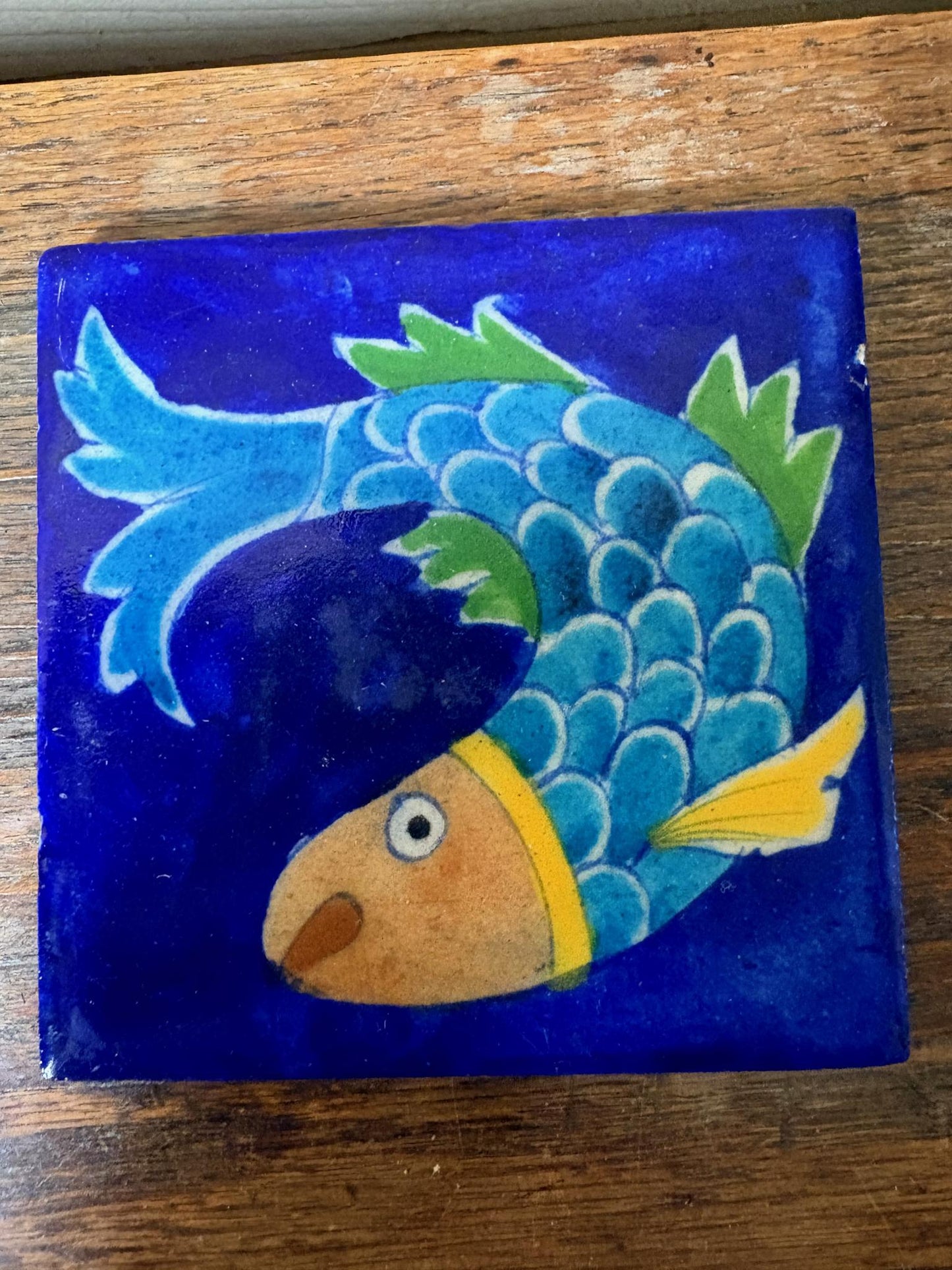 Set of 8 Hand‑Painted Jaipur Blue Pottery “Fish” Tiles, Cobalt Ground