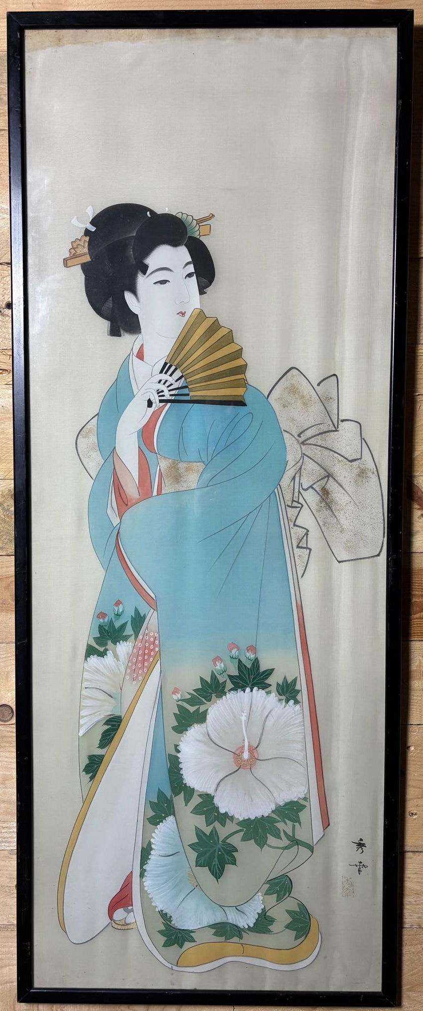 Large Signed Japanese Silk Painting of a Geisha with Fan, c. 1930–60