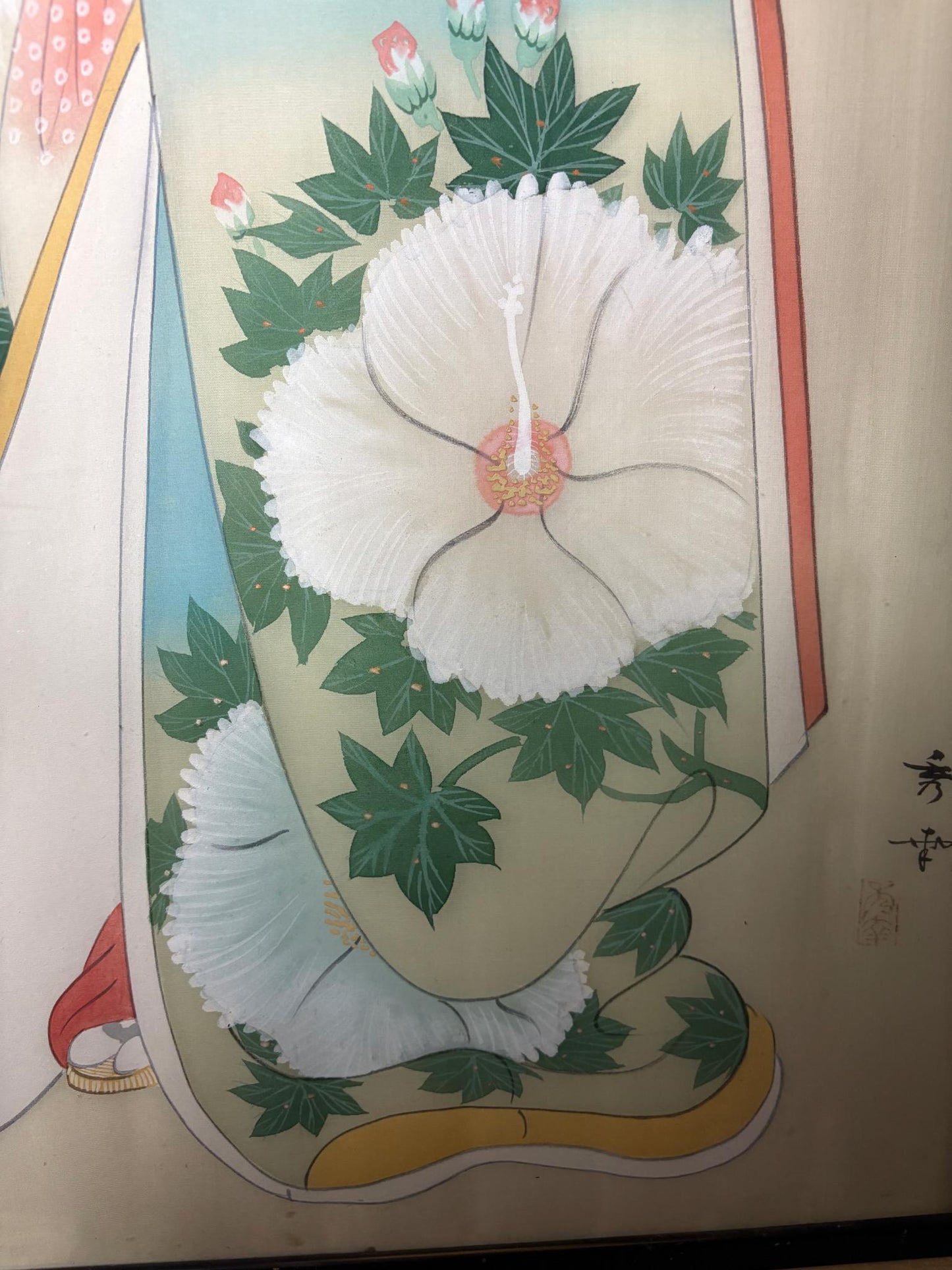 Large Signed Japanese Silk Painting of a Geisha with Fan, c. 1930–60