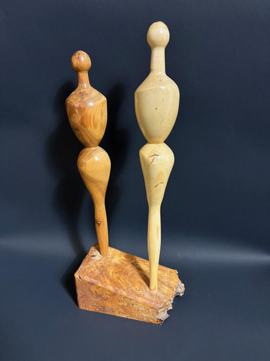 Scandinavian Turned Holly “Couple” on Burr Wood Base, c.1970s–90s