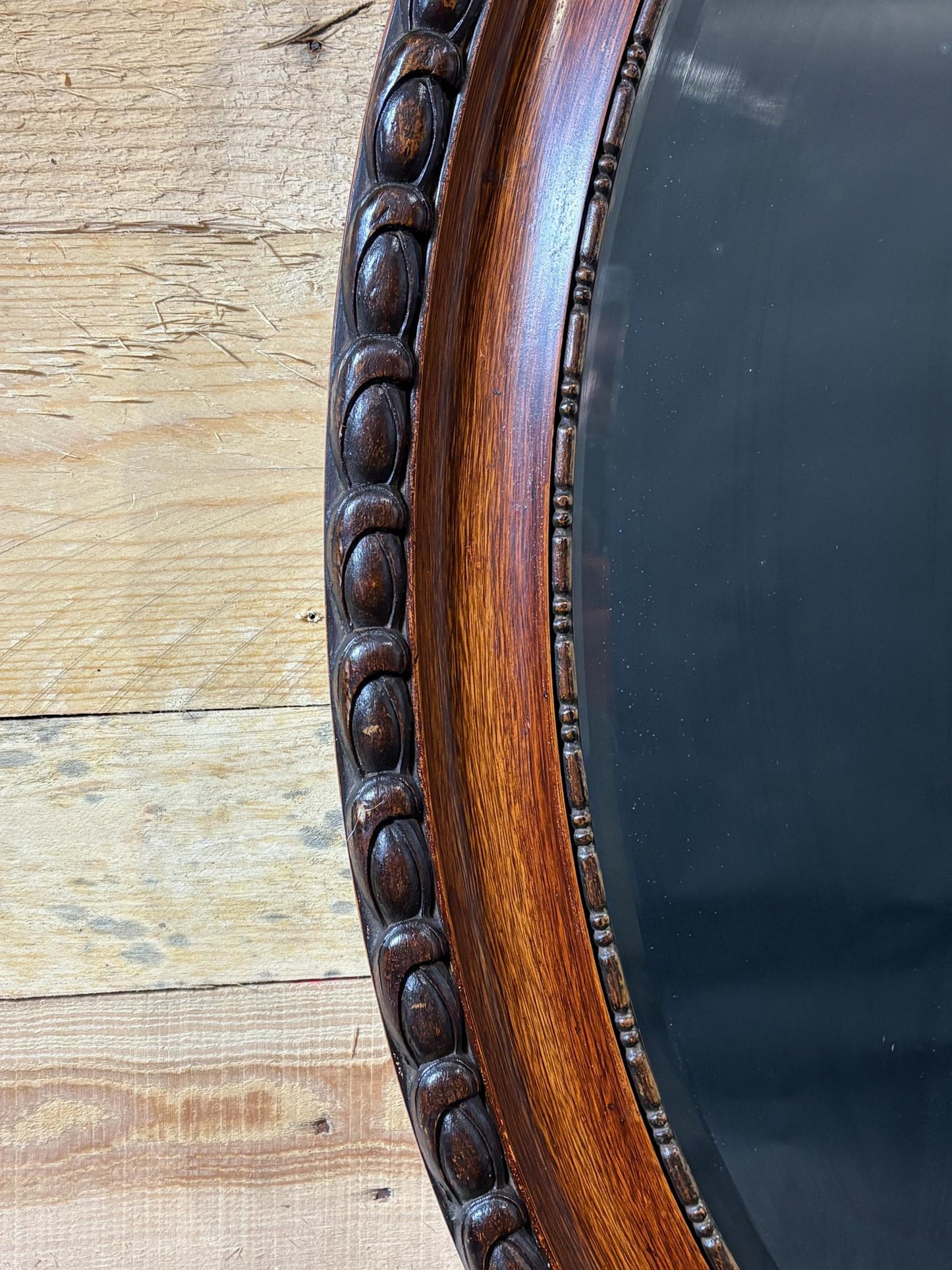 Edwardian Oval Bevelled Wall Mirror with Rope‑Carved Oak Frame