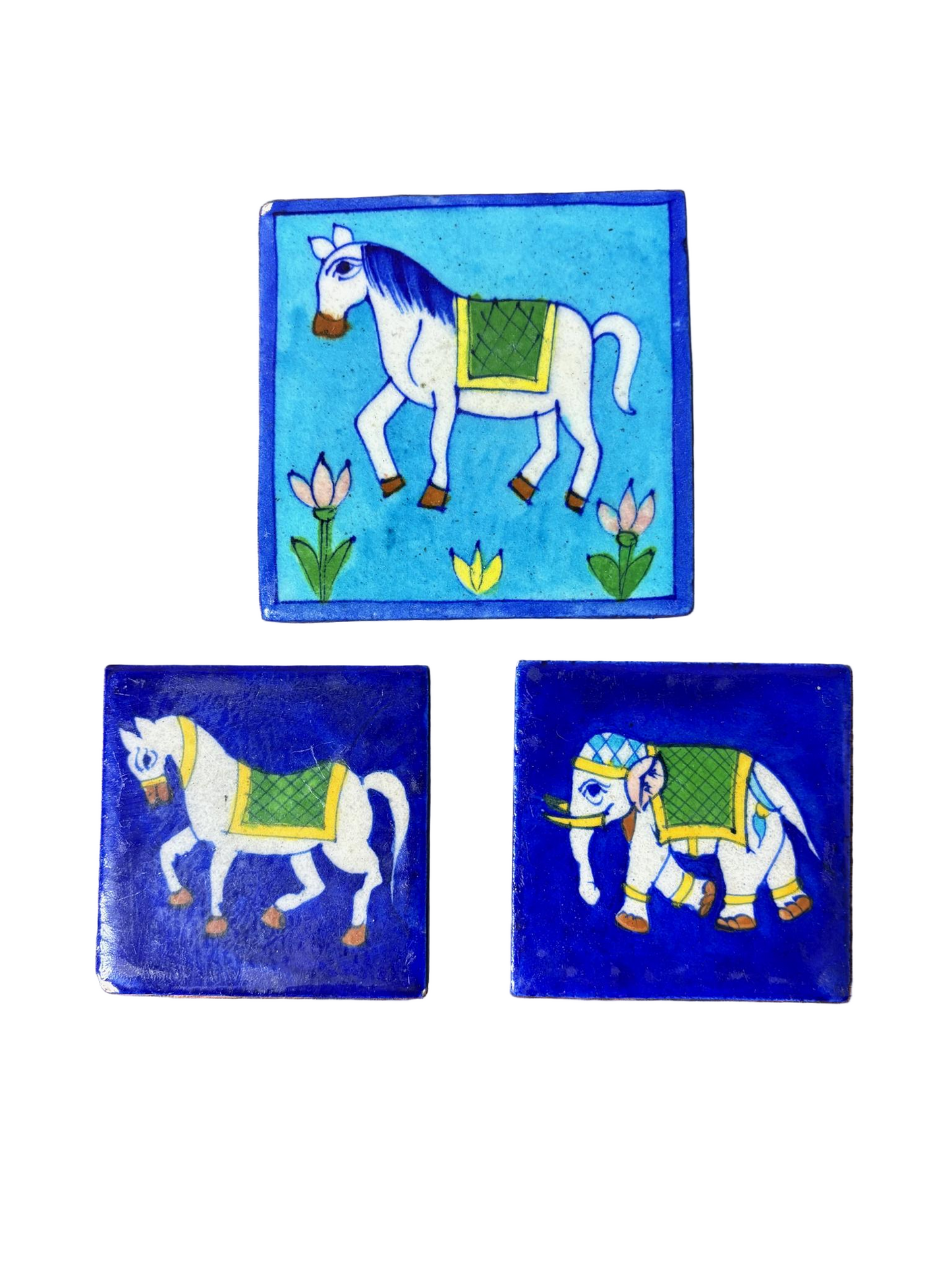 Set of 3 Hand-Painted Persian/Jaipur-Style Tiles – Horse & Elephant, Cobalt Ground