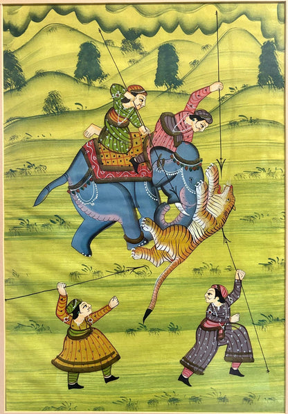 Pair of Mughal‑Style Silk Paintings, “Tiger Hunt”, India, c. 1985–1990
