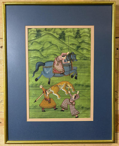 Pair of Mughal‑Style Silk Paintings, “Tiger Hunt”, India, c. 1985–1990