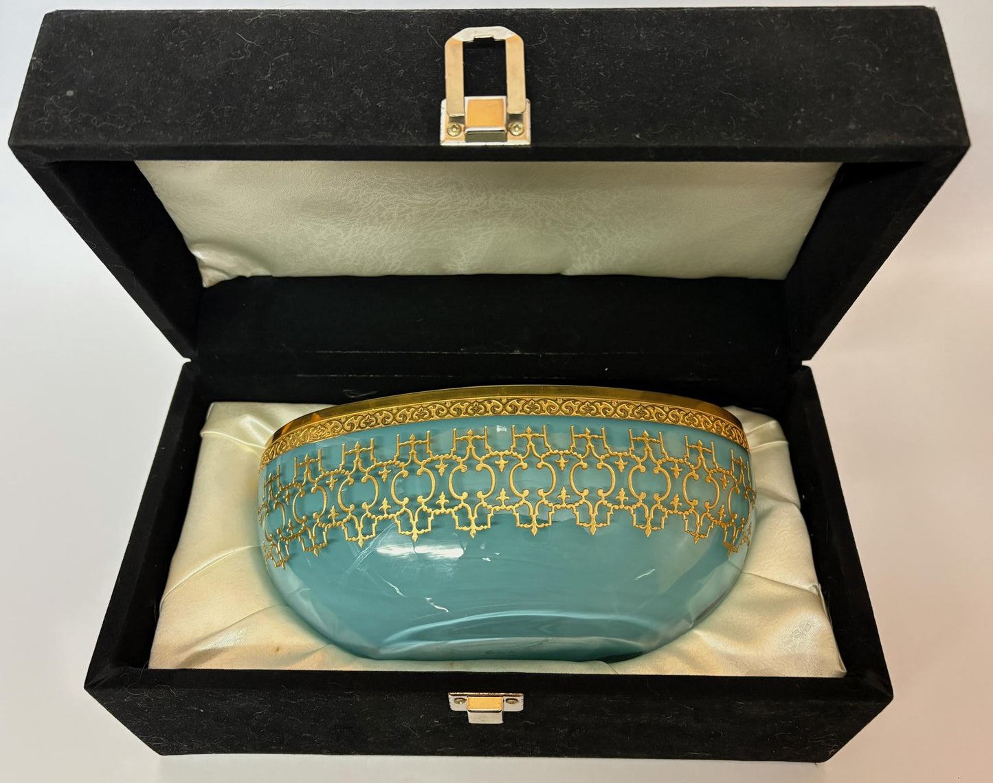 Turquoise Gilt “Harem” Pattern Oval Glass Bowl by BKG with Original Case, 20.5 cm