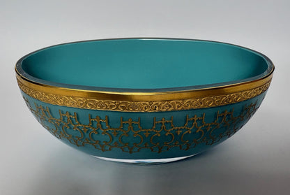 Turquoise Gilt “Harem” Pattern Oval Glass Bowl by BKG with Original Case, 20.5 cm