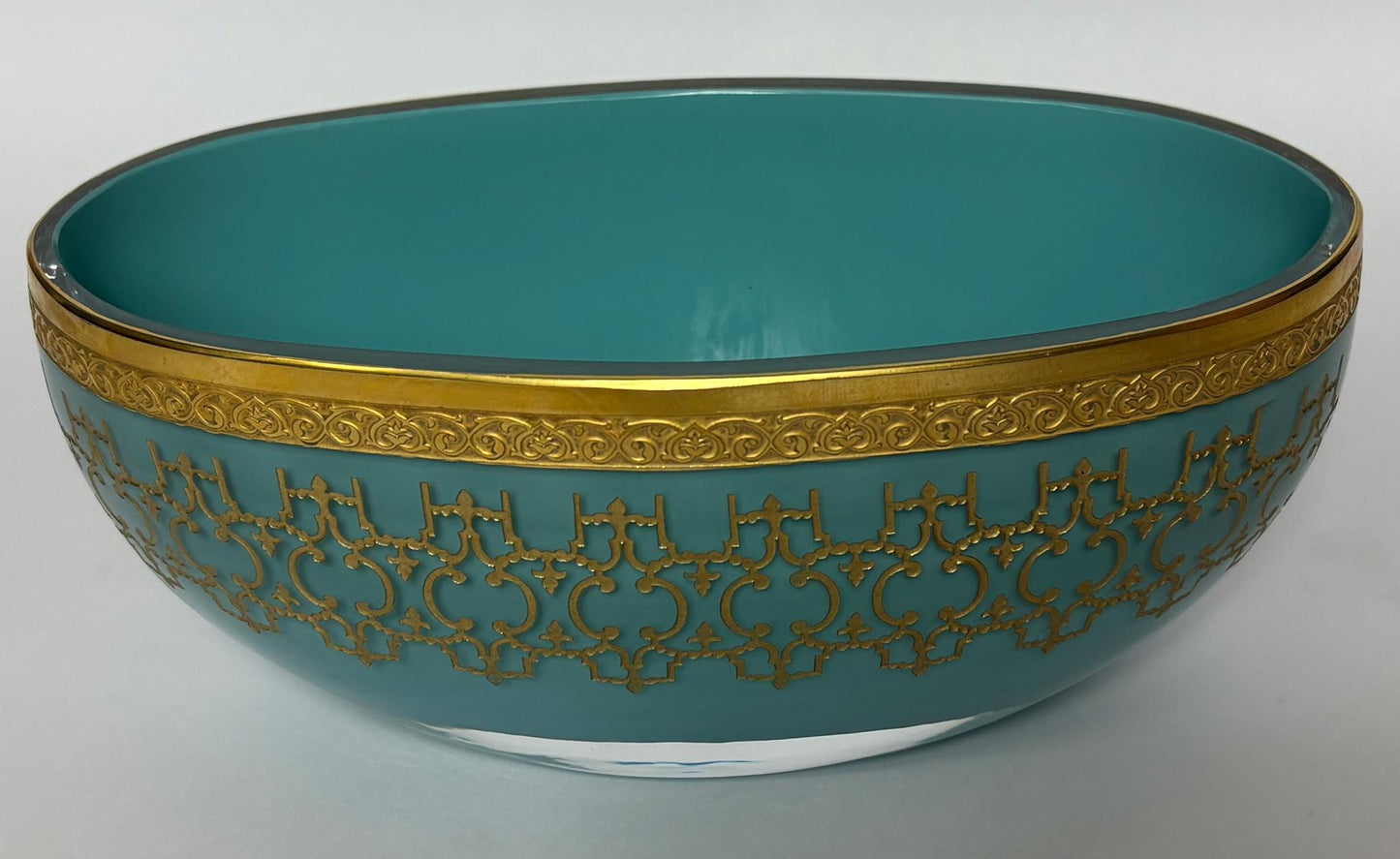 Turquoise Gilt “Harem” Pattern Oval Glass Bowl by BKG with Original Case, 20.5 cm