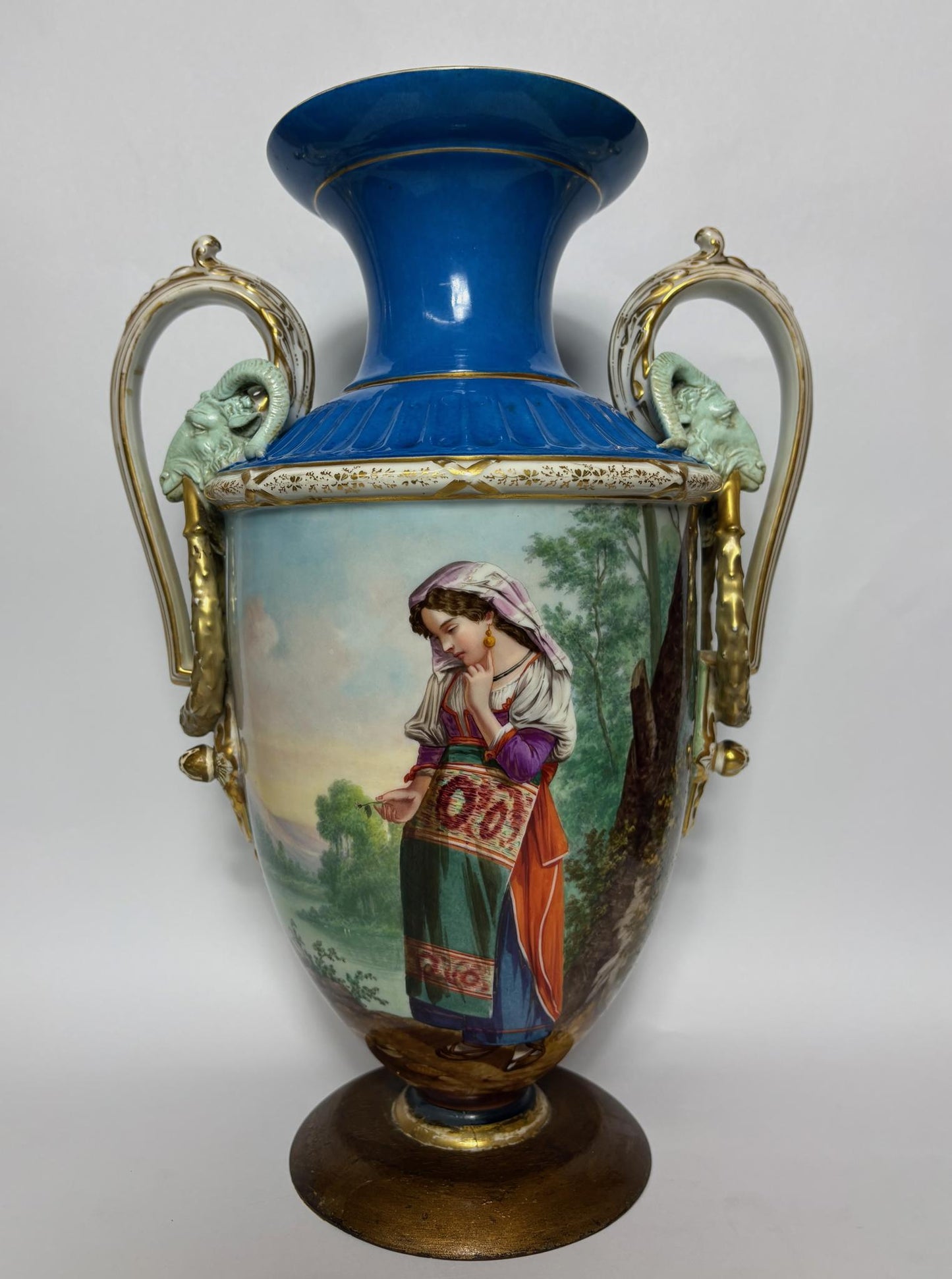 Large 19th‑Century Continental Sèvres‑Style Vase with Ram‑Mask Handles, Hand‑Painted Maiden Scene, 38 cm