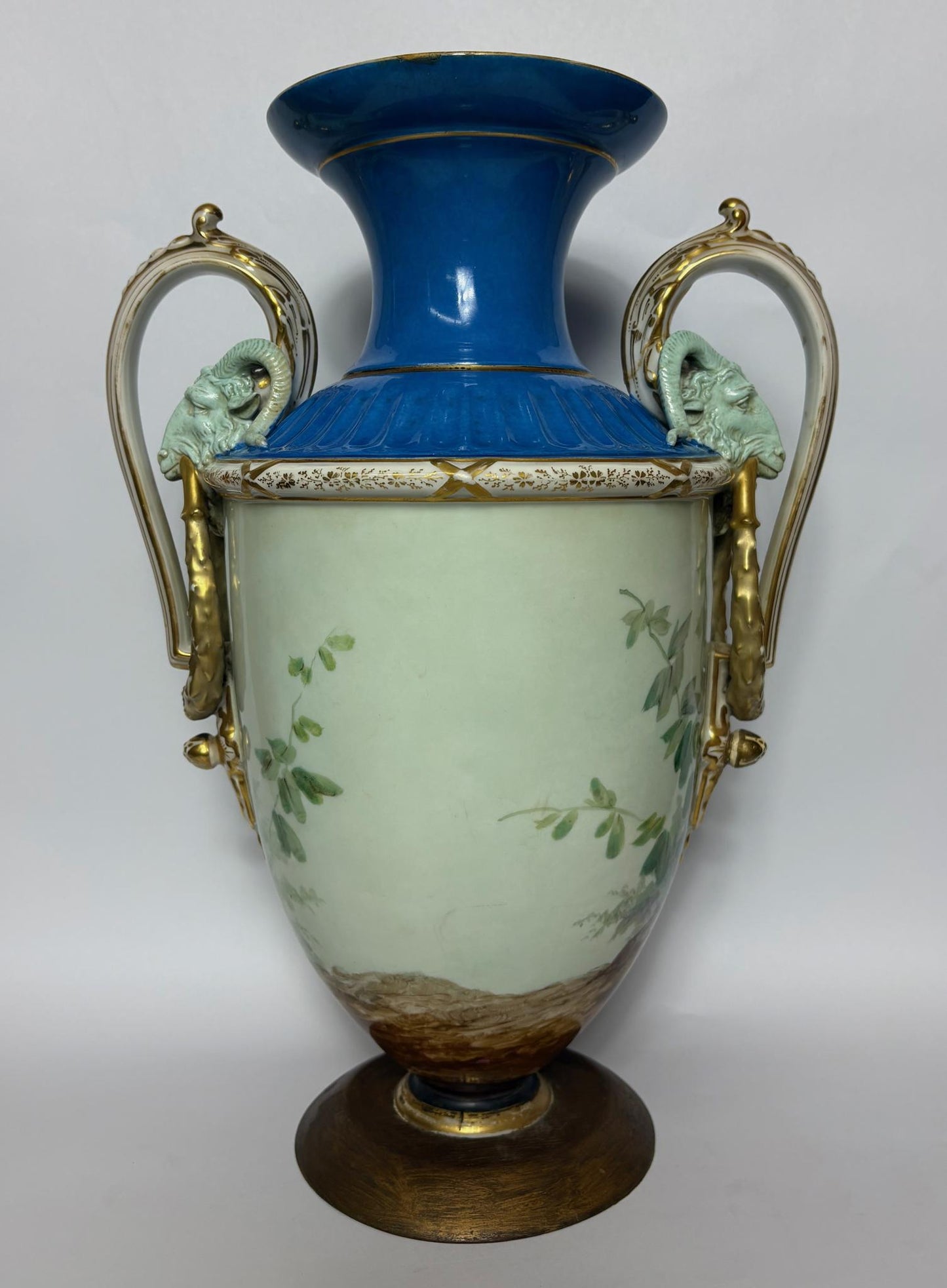 Large 19th‑Century Continental Sèvres‑Style Vase with Ram‑Mask Handles, Hand‑Painted Maiden Scene, 38 cm