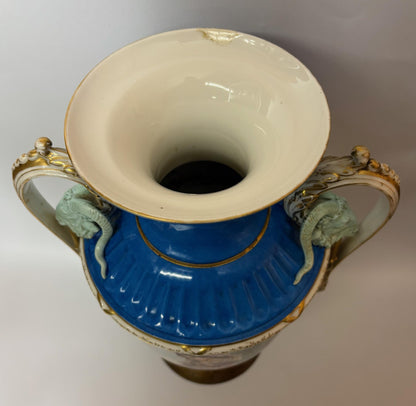 Large 19th‑Century Continental Sèvres‑Style Vase with Ram‑Mask Handles, Hand‑Painted Maiden Scene, 38 cm