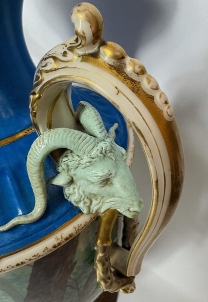 Large 19th‑Century Continental Sèvres‑Style Vase with Ram‑Mask Handles, Hand‑Painted Maiden Scene, 38 cm