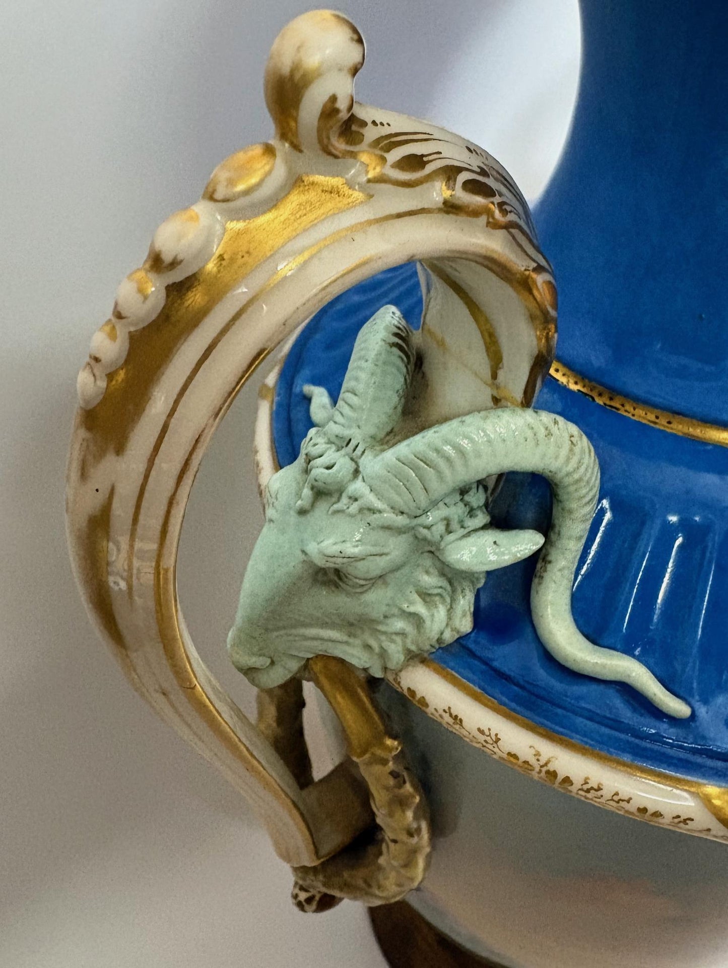 Large 19th‑Century Continental Sèvres‑Style Vase with Ram‑Mask Handles, Hand‑Painted Maiden Scene, 38 cm