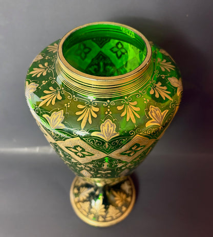 Late 19th‑Century Bohemian Gilt Green Glass Pedestal Vase, c.1880–1900, 32 cm