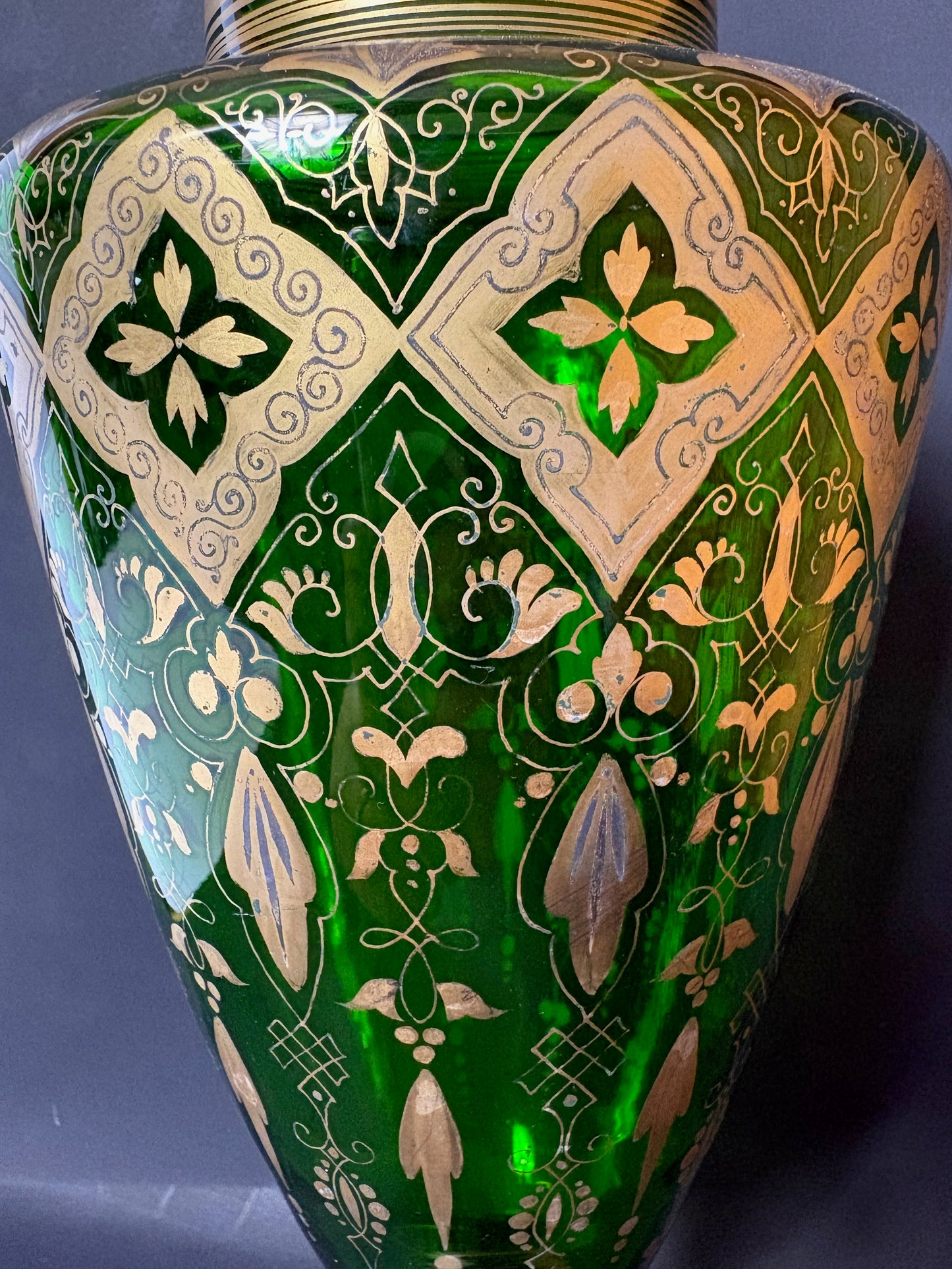 Late 19th‑Century Bohemian Gilt Green Glass Pedestal Vase, c.1880–1900, 32 cm