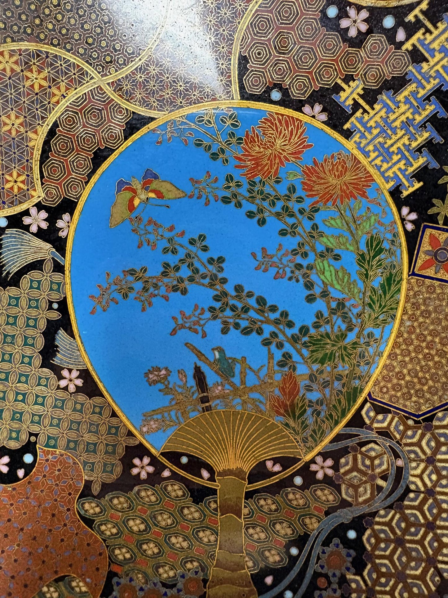 Meiji Japanese Cloisonné Wall Charger, Kyoto School, Chrysanthemums and Butterfly, 30.5cm