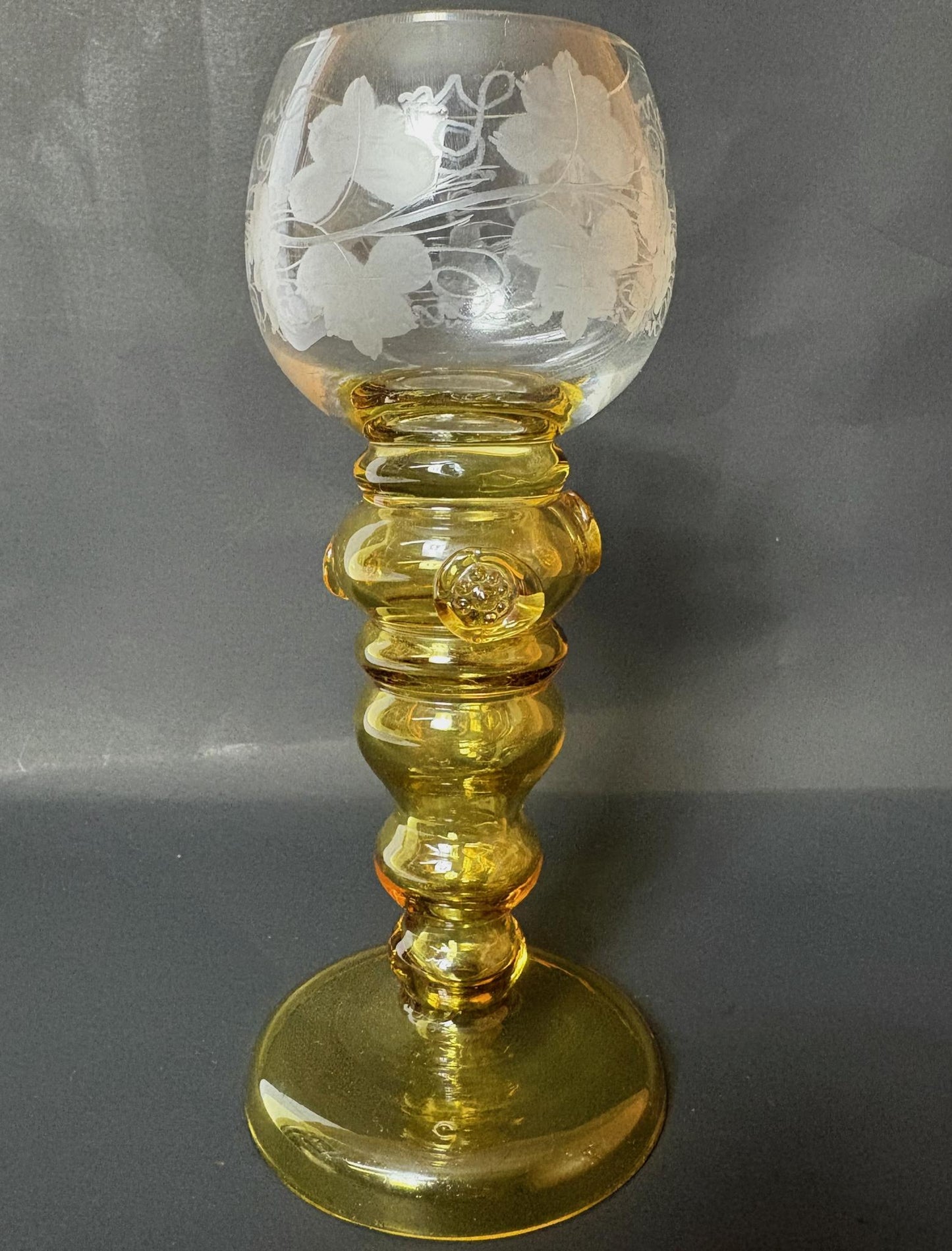 Early 20th Century Honeycomb Amber Glass Bowl & Roemer Wine Glass Pair – Etched Yellow Stem Vintage Table Set