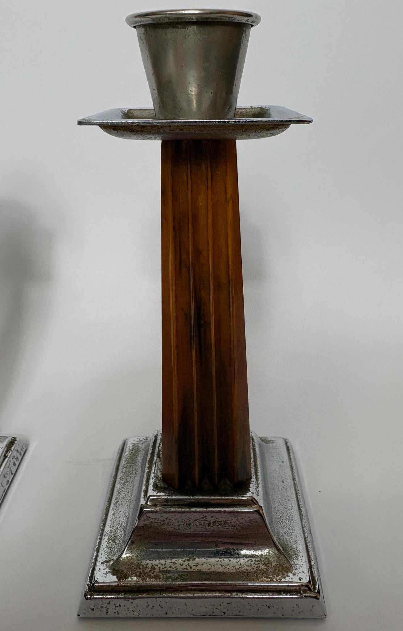 Pair of Art Deco Bakelite & Silver‑Plate Candlesticks, 1930s, 15cm High