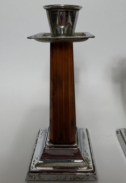 Pair of Art Deco Bakelite & Silver‑Plate Candlesticks, 1930s, 15cm High