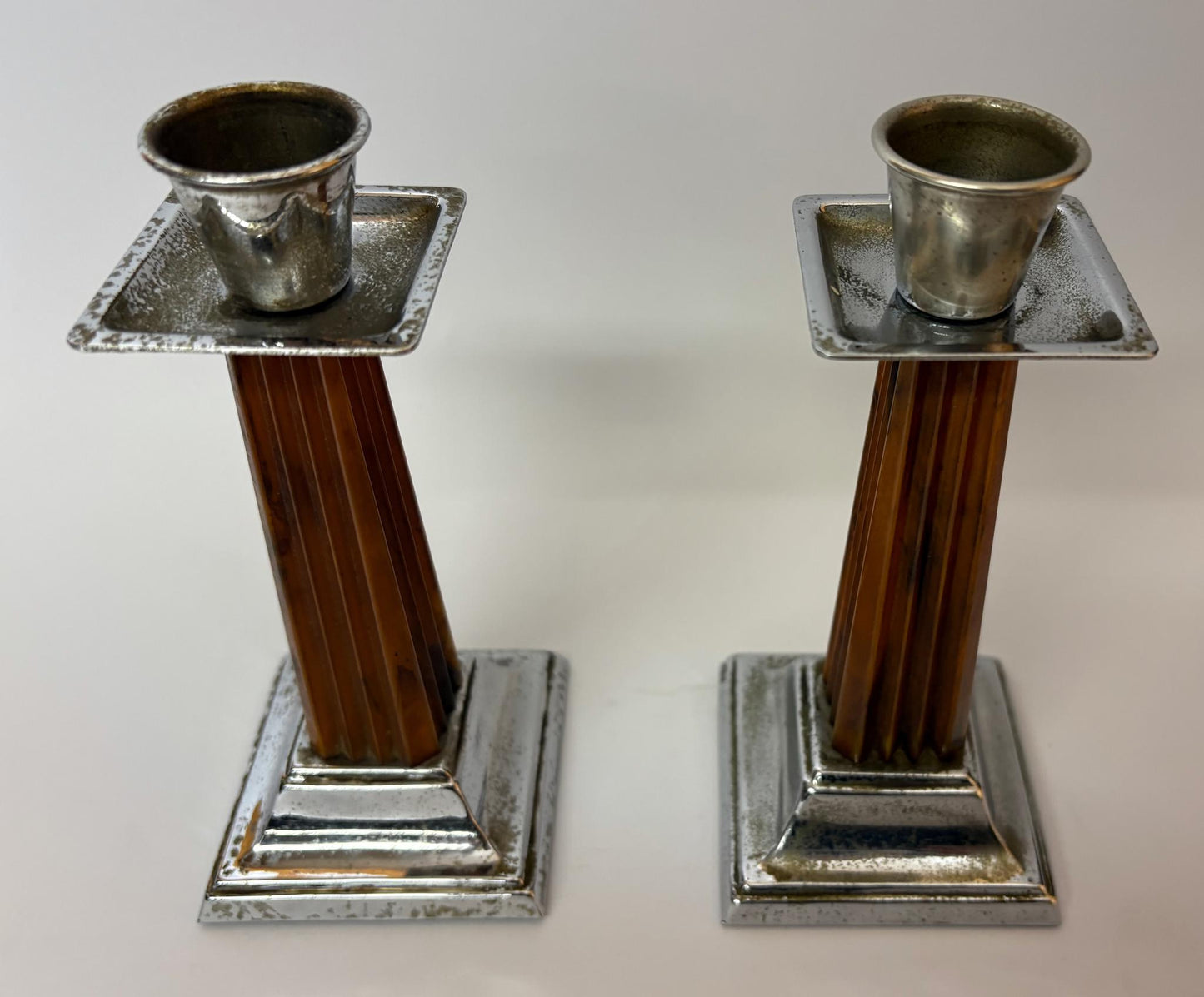 Pair of Art Deco Bakelite & Silver‑Plate Candlesticks, 1930s, 15cm High