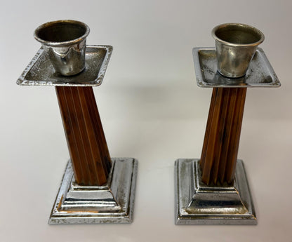 Pair of Art Deco Bakelite & Silver‑Plate Candlesticks, 1930s, 15cm High