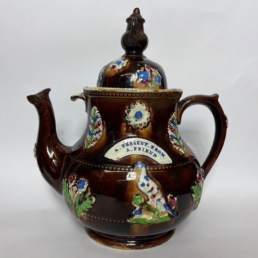 Bargeware Teapot - “A Present from a Friend”  - 19th Century Measham - Large