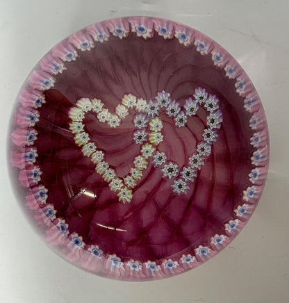 Millefiori Glass Paperweight – Caithness “Double Heart”, Cranberry Swirl