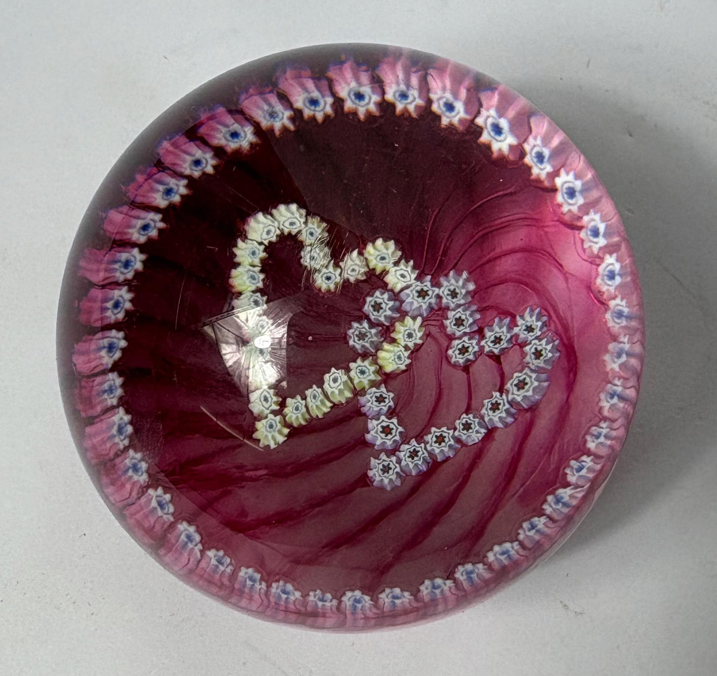 Millefiori Glass Paperweight – Caithness “Double Heart”, Cranberry Swirl