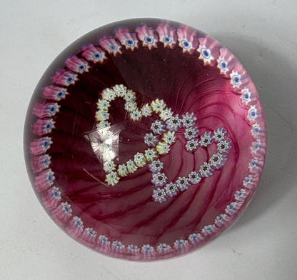 Millefiori Glass Paperweight – Caithness “Double Heart”, Cranberry Swirl